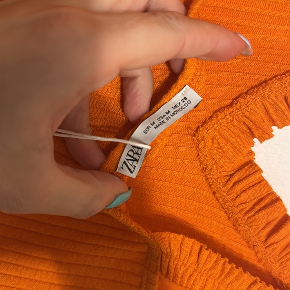 Zara Bright Orange Ribbed Textured Ruffle Dress - Picture 7 of 11